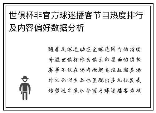 世俱杯非官方球迷播客节目热度排行及内容偏好数据分析