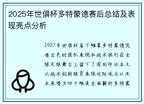2025年世俱杯多特蒙德赛后总结及表现亮点分析